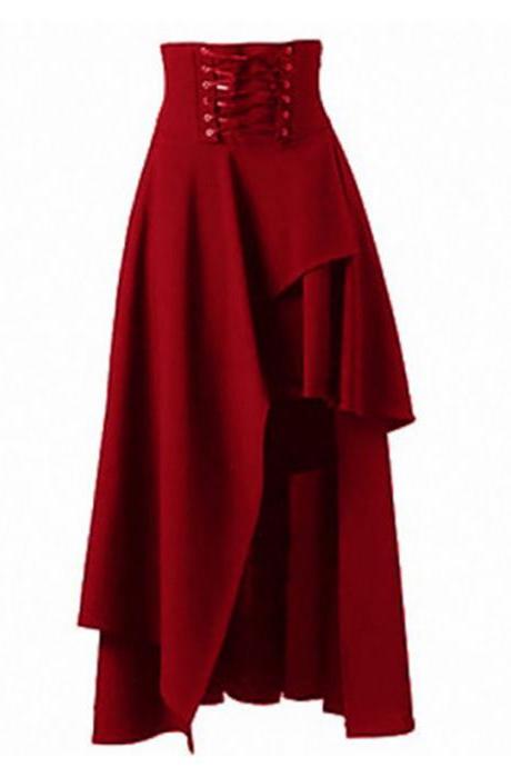 Gothic Steampunk Skirt Lolita Lace-Up High Waist Asymmetric Hem Bandage Long Maxi Skirts red