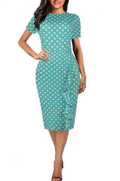  Vintage Polka Dot/Plaid Print Pencil Dress Short Sleeve Ruffled Slim Work OL Office Bodycon Party Dress 1#