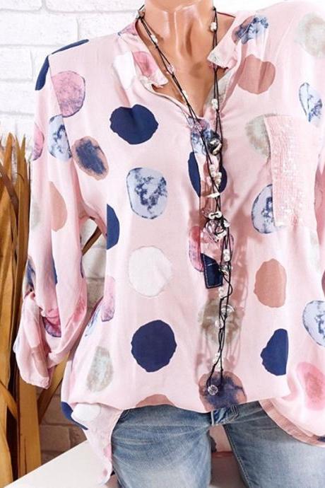 Women Polka Dot Blouse V Neck Long Sleeve Plus Size Casual Work Office Lady Tops Shirt pink