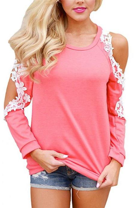 Off the Shoulder Top Blouse Women Casual Long Sleeve Hollow Lace Patchwork T-Shirt pink
