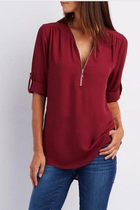 Sexy V Neck Chiffon Blouse Long Sleeve Zipper Plus Size Streetwear Casual Loose Top T-shirt Crimson