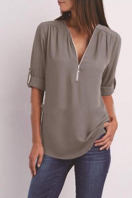 Sexy V Neck Chiffon Blouse Long Sleeve Zipper Plus Size Streetwear Casual Loose Top T-Shirt gray