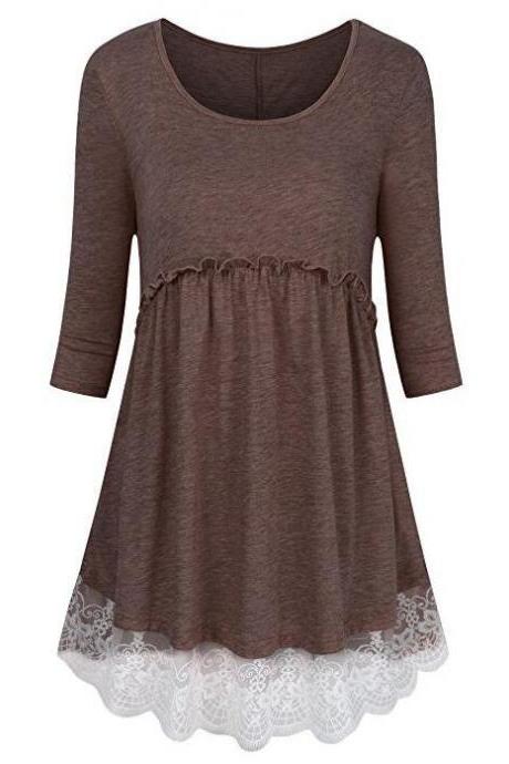 Women Tunic Blouse Cotton Half Sleeve Casual Lace Patchwork Peplum Tops T-shirt Coffee