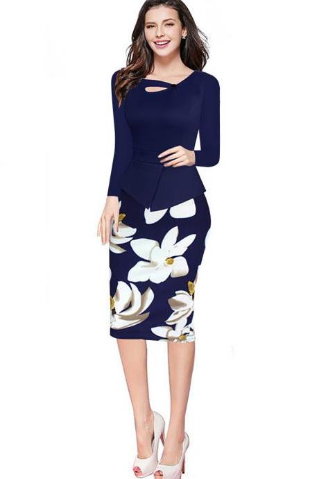 Women Floral Print Patchwork Pencil Dress Half/Long Sleeve Plus Size Slim Work OL Office Bodycon Party Dress 1#