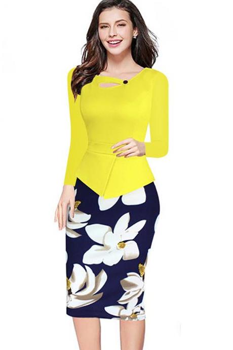 Women Floral Print Patchwork Pencil Dress Half/long Sleeve Plus Size Slim Work Ol Office Bodycon Party Dress 2#