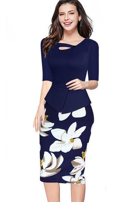 Women Floral Print Patchwork Pencil Dress Half/Long Sleeve Plus Size Slim Work OL Office Bodycon Party Dress 8#