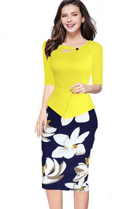 Women Floral Print Patchwork Pencil Dress Half/long Sleeve Plus Size Slim Work Ol Office Bodycon Party Dress 9#