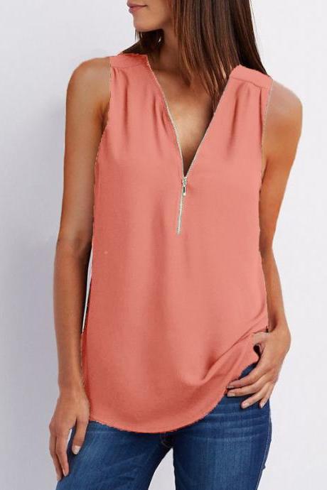Sexy V Neck Chiffon Sleeveless Shirt Zipper Plus Size Blouse Loose Casual Top Vest orange