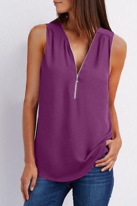 Sexy V Neck Chiffon Sleeveless Shirt Zipper Plus Size Blouse Loose Casual Top Vest purple