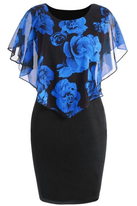 Women Bodycon Pencil Dress Summer Plus Size Cloak Sleeve Rose Printed Mini Club Party Dress