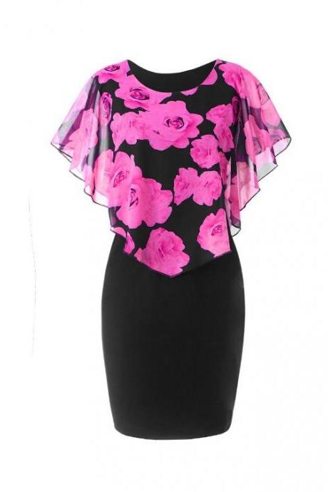  Women Bodycon Pencil Dress Summer Plus Size Cloak Sleeve Rose Printed Mini Club Party Dress hot pink