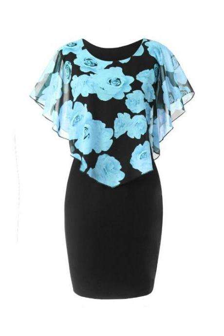 Women Bodycon Pencil Dress Summer Plus Size Cloak Sleeve Rose Printed Mini Club Party Dress light blue