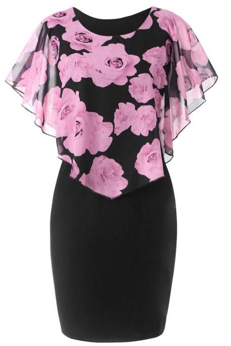 Women Bodycon Pencil Dress Summer Plus Size Cloak Sleeve Rose Printed Mini Club Party Dress Pink