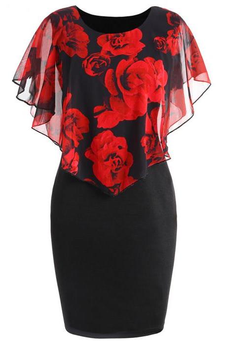 Women Bodycon Pencil Dress Summer Plus Size Cloak Sleeve Rose Printed Mini Club Party Dress Red