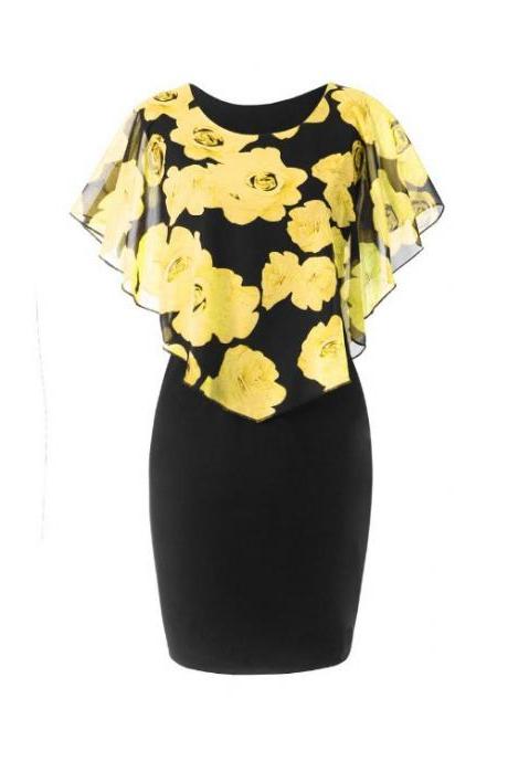 Women Bodycon Pencil Dress Summer Plus Size Cloak Sleeve Rose Printed Mini Club Party Dress yellow