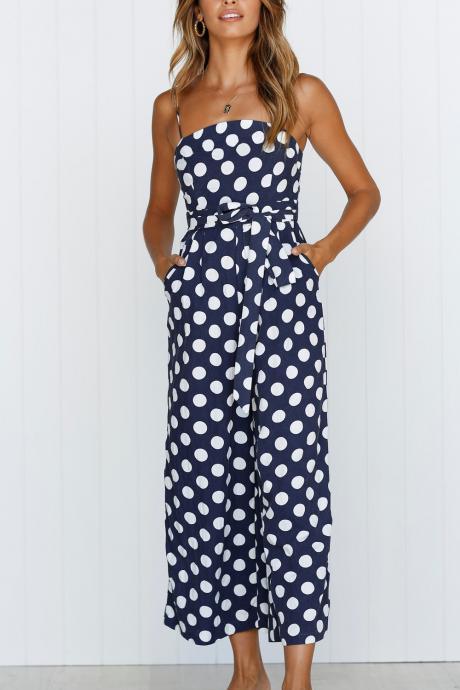 Women Polka Dot Jumpsuit Spaghetti Strap Summer Casual Beach Long Playsuit Wide Leg Romper Overalls navy blue