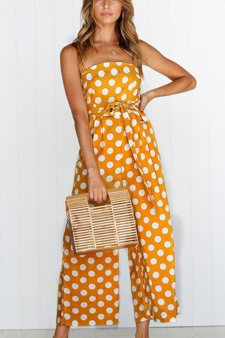 Women Polka Dot Jumpsuit Spaghetti Strap Summer Casual Beach Long Playsuit Wide Leg Romper Overalls yellow