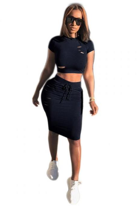 Sexy Two Piece Set Holes Crop Tops+bodycon Skirt Bandage Cocktail Club Party Outfit Black