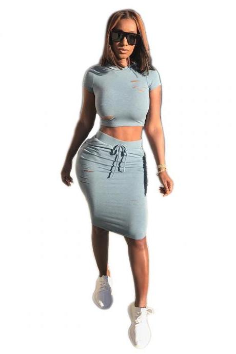 Sexy Two Piece Set Holes Crop Tops+bodycon Skirt Bandage Cocktail Club Party Outfit Gray