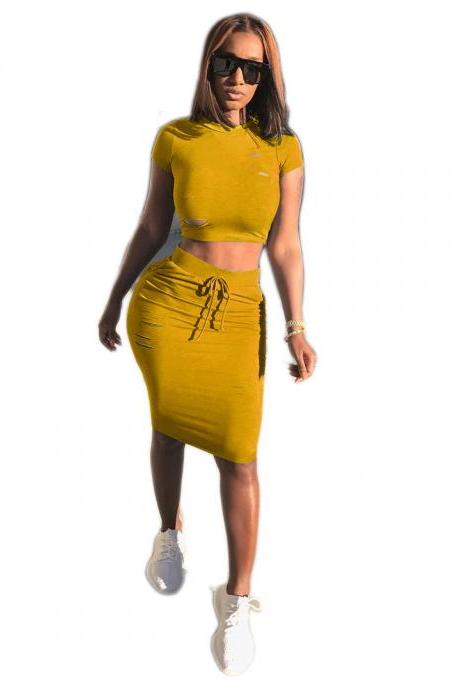 Sexy Two Piece Set Holes Crop Tops+Bodycon Skirt Bandage Cocktail Club Party Outfit yellow