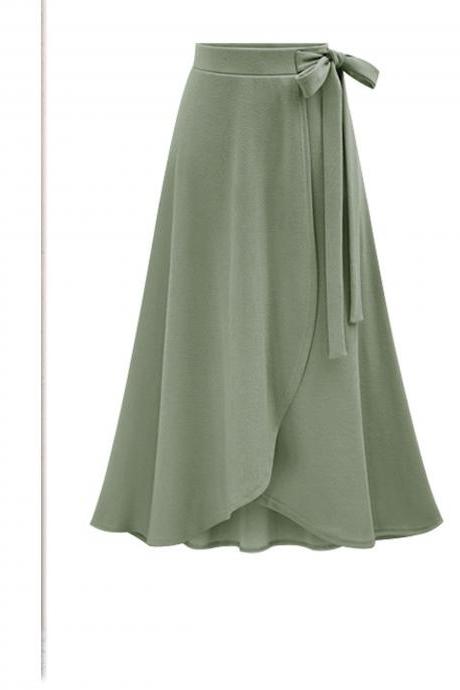 Women Asymmetrical Split Skirt High Waist Bow Party Midi A Line Skirt Army Green