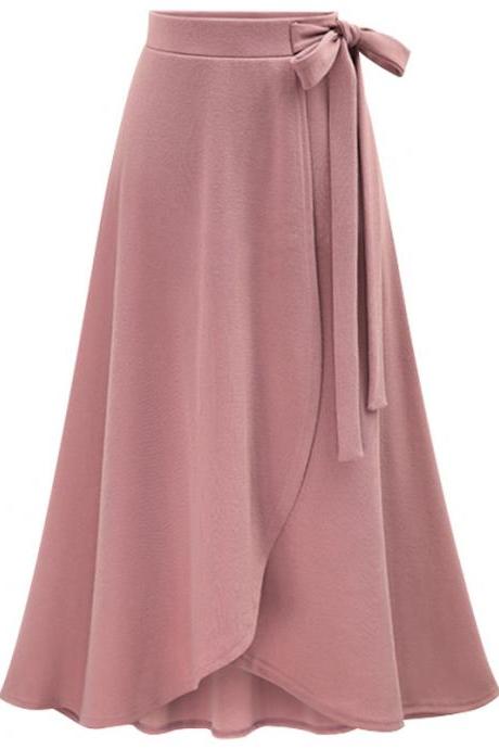 Women Asymmetrical Split Skirt High Waist Bow Party Midi A Line Skirt Pink