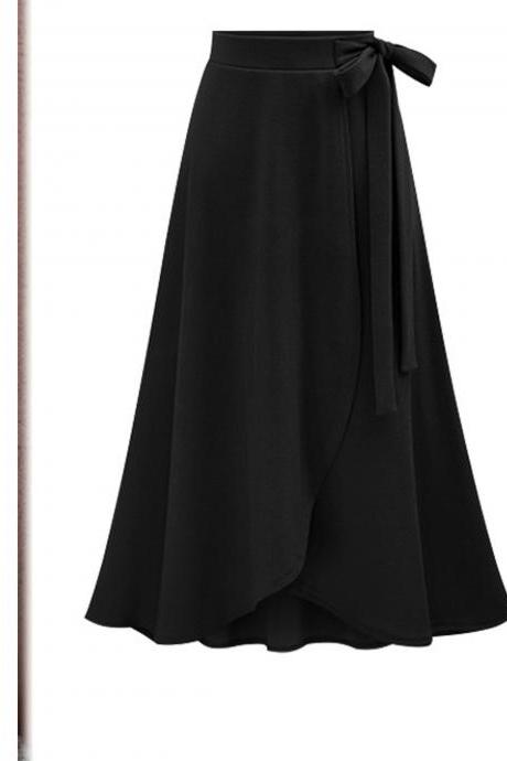 Women Asymmetrical Split Skirt High Waist Bow Party Midi A Line Skirt Black