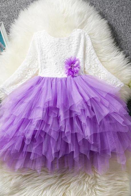  Lace Flower Girl Dress Long Sleeve Kid Birthday Party Wedding Tutu Gown Children Clothes purple