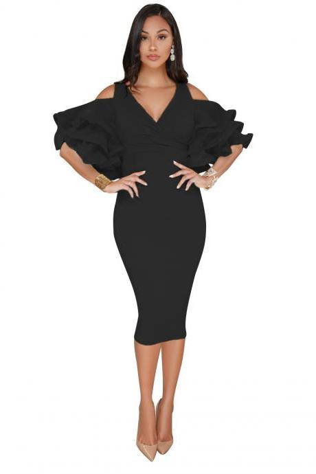  Sexy Bodycon Party Dress V Neck Ruffles Sleeve Split Off The Shoulder Slim Women Pencil Dress black