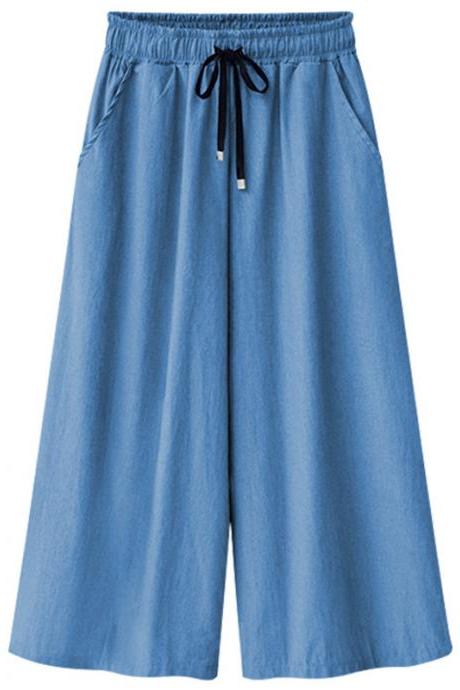 Women Denim Wide Leg Pants Summer Plus Size Drawstring Elastic Waist Casual Loose Jeans Trousers light blue