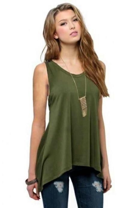  Plus Size Women Asymmetrical Tops Summer Vest Casual Loose Sleeveless T Shirt army green