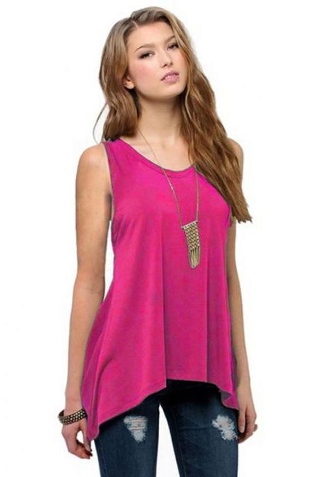 Plus Size Women Asymmetrical Tops Summer Vest Casual Loose Sleeveless T Shirt hot pink 