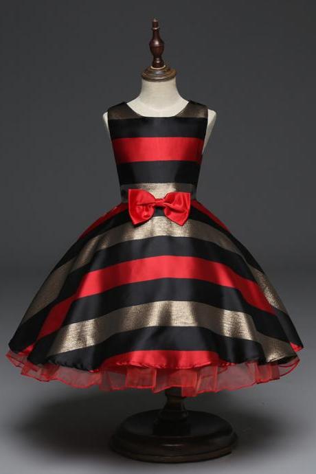 Striped Flower Girl Dress Princess Kids Party Prom Formal Gown Children Clothes Red