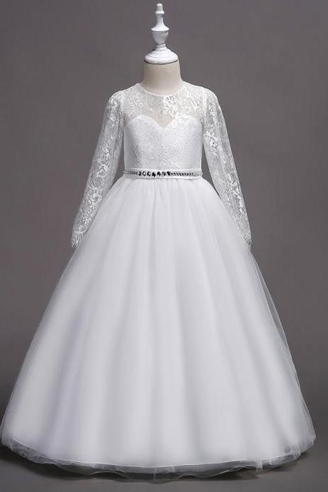 Long Sleeve Lace Flower Girl Dress Beaded Weddings First Communion Long Party Gowns Kids Clothes off white