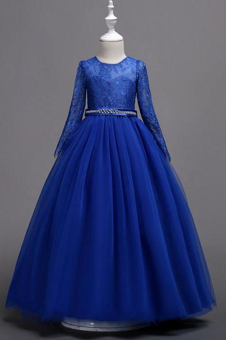 Long Sleeve Lace Flower Girl Dress Beaded Weddings First Communion Long Party Gowns Kids Clothes royal blue