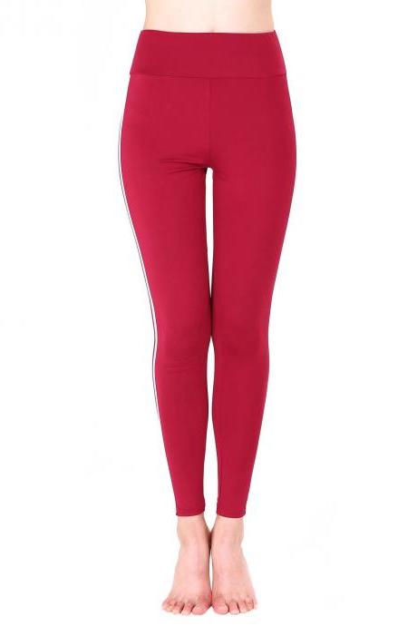 Women Yoga Striped Patchwork Leggings Slim High Waist Sports Fitness Gym Running Pants crimson