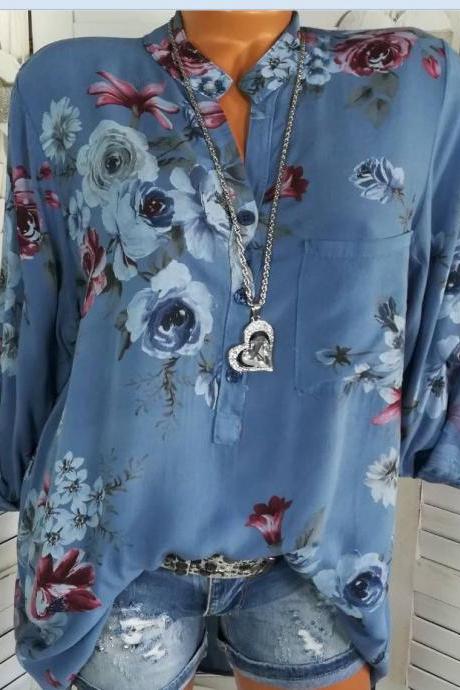 Women Shirt Floral Printed Long Sleeve V Neck Plus Size Casual Loose Tops Blouse blue