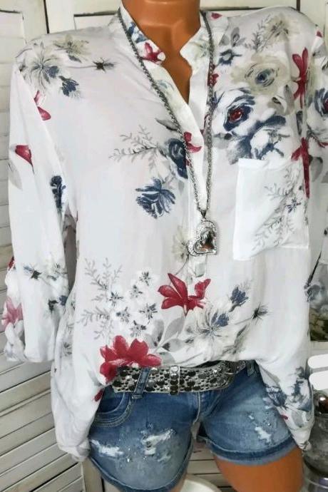 Women Shirt Floral Printed Long Sleeve V Neck Plus Size Casual Loose Tops Blouse Off White