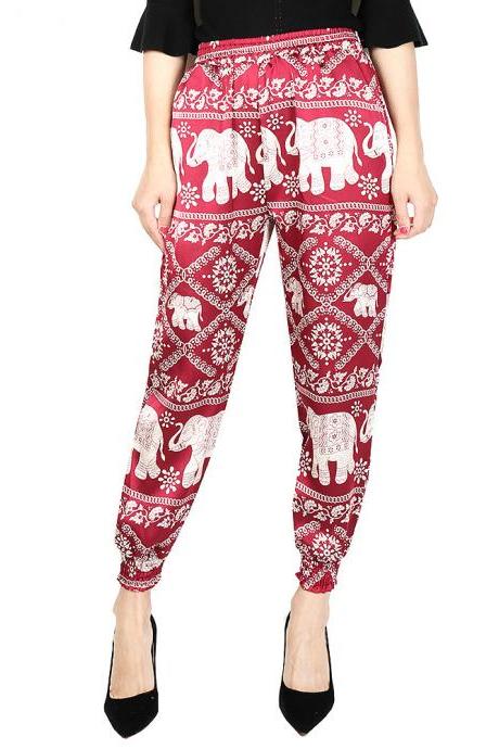 Women Harem Pants Summer Beach Elastic Waist Drawstring Loose Floral Printed Trousers13#
