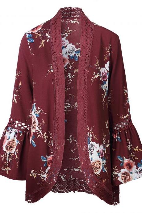 Boho Women Coat Jacket Hollow Lace Flare Long Sleeve Casual Open Stitch Floral Printed Cardigan Burgundy