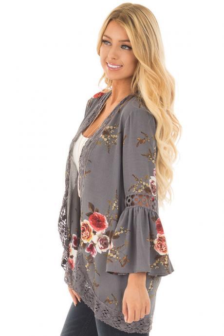 Boho Women Coat Jacket Hollow Lace Flare Long Sleeve Casual Open Stitch Floral Printed Cardigan Gray
