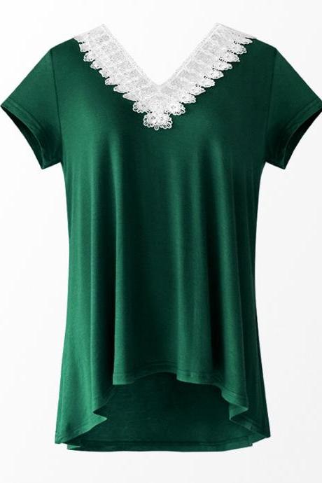Women Summer T Shirt V Neck Short Sleeve Slim Lace Patchwork Casual Tee Tops hunter green