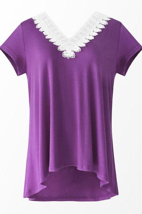 Women Summer T Shirt V Neck Short Sleeve Slim Lace Patchwork Casual Tee Tops purple