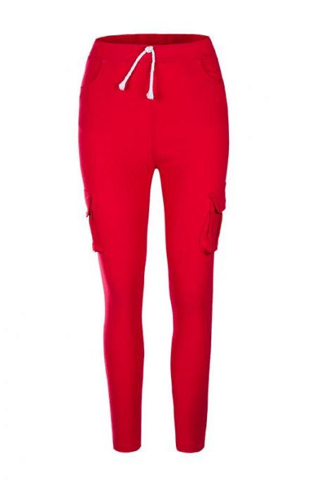 Women Pencil Pants Drawstring High Waist Pockest Skinny Slim Casual Long Trousers red