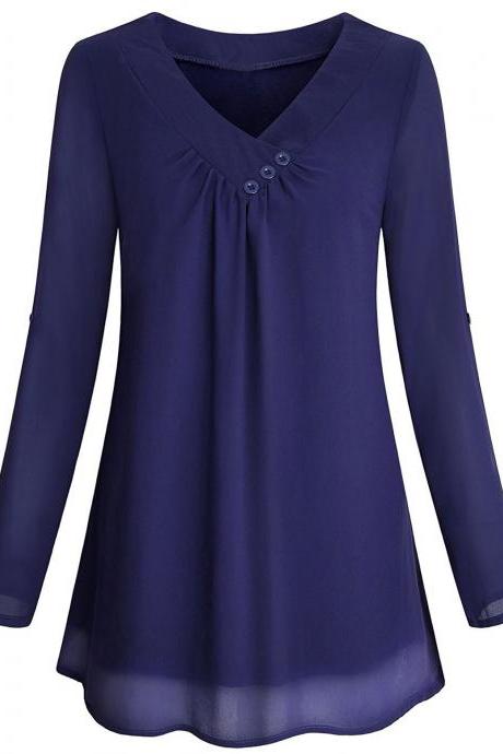 Women Chiffon Loose Blouse V Neck 3/4 Sleeve Button Casual Tops Shirt navy blue