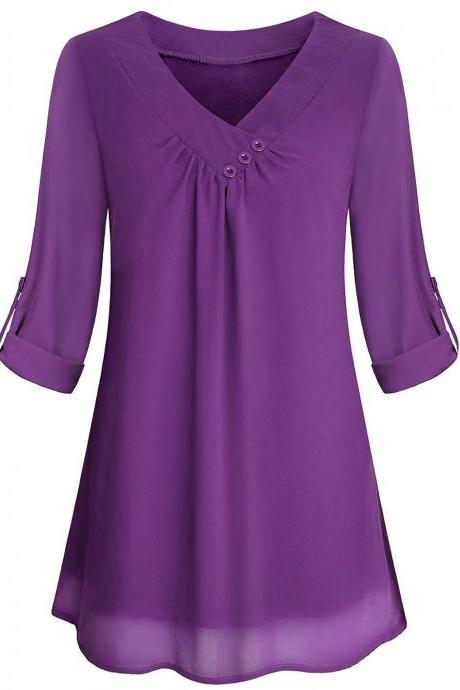  Women Chiffon Loose Blouse V Neck 3/4 Sleeve Button Casual Tops Shirt purple