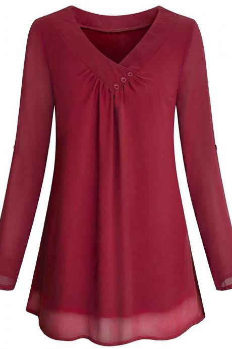 Women Chiffon Loose Blouse V Neck 3/4 Sleeve Button Casual Tops Shirt Wine Red