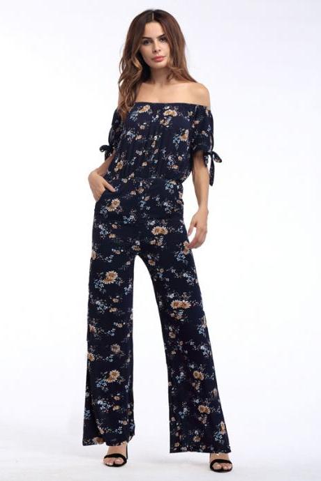 Off-The-Shoulder Floral Print Casual Long Wide Leg Jumpsuit with Short Sleeves