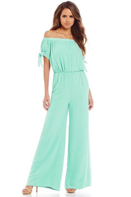 Women Long Jumpsuit Off Shoulder Short Sleeve Wide Leg Pants Chiffon Floral Printed Rompers aqua