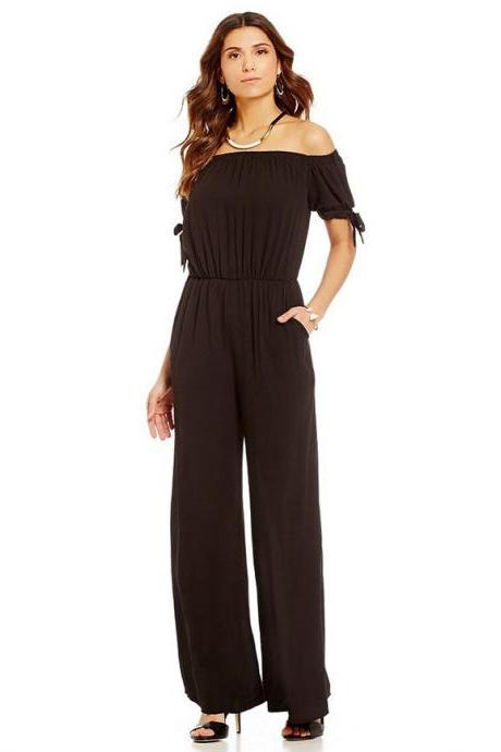 Women Long Jumpsuit Off Shoulder Short Sleeve Wide Leg Pants Chiffon Floral Printed Rompers black